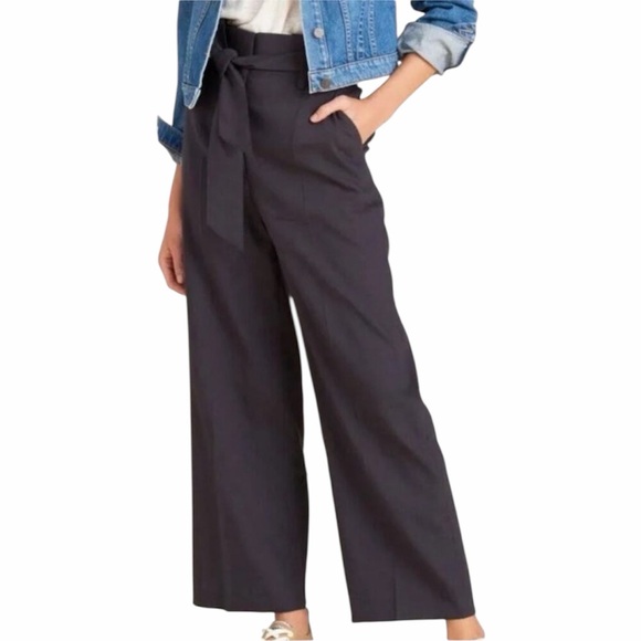 Veronica Beard Women XS/TP Elegant Black Wide-Leg Waist Tie Linen Blend Pants